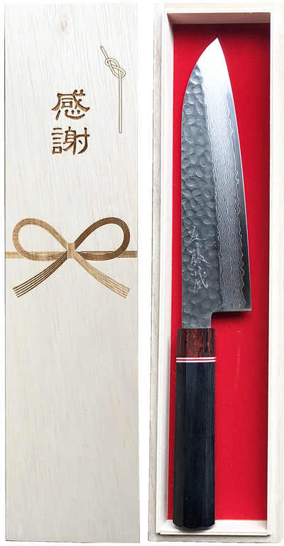 『感謝』贈答用 鎚目入積層鋼三徳包丁 八角柄 180o v金10号